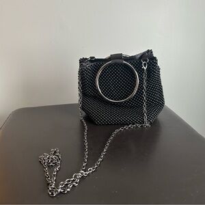 Black & Silver Beaded Overlay Mini Bag with Removable Chain Crossbody Strap